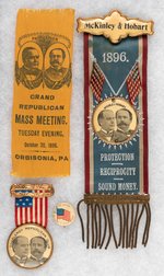 McKINLEY AND HOBART TRIO OF JUGATE RIBBON BADGES AND MISSOURI BUTTON.