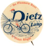 "ON PLEASURE BENT" RARE 1898 BUTTON FOR THE DIETZ BICYCLE LAMP.