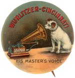 SUPERB COLOR BUTTON FOR WURLITZER/VICTOR TALKING MACHINES C. 1902 W/NIPPER BY PHONOGRAPH.