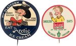 TWO SCARCE LARGE BUTTONS WITH 1924-C. 1930 COMIC CHARACTERS ENDORSING THEIR FAVORITE ICE CREAM.