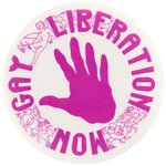 "GAY LIBERATION NOW" EARLY 1970s BUTTON WITH I.W.W.UNION LABEL & NUDE MALE ILLUSTRATION.