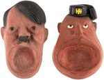 WORLD WAR II ANTI-AXIS HITLER & MUSSOLINI FIGURAL PLASTER ASHTRAY PAIR.