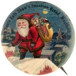 NIGHT SCENE WITH FULL FIGURE SANTA ON SNOWY ROOF RARE BUTTON W/ BREAD AD.