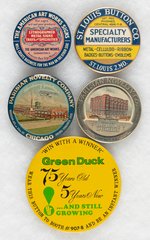 AD SPECIALTY COMPANIES FOUR SELF-PROMO PAPERWEIGHT MIRRORS & 5" GREEN DUCK PROMO BUTTON.