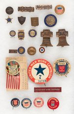 HOMEFRONT 25 BADGES AND BUTTONS, SOME W/ SERIAL NUMBERS, MANY RARIETIES.