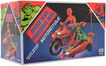 SPIDER-MAN & THE INCREDIBLE HULK BOXED BATTERY-OPERATED MOTORCYCLE.