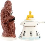 "STAR WARS" SIGMA CERAMICS VADER/DROIDS COOKIE JAR, CHEWBACCA BANK AND C-3PO TURRET MUSIC BOX TRIO.