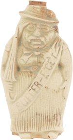 ROOSEVELT WOMAN'S SUFFRAGE "SUFFER-E' GET" FIGURAL GLAZED CERAMIC FLASK.