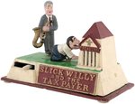 CLINTON SAXOPHONE THEMED MECHANICAL BANK AND FIGURE PAIR.