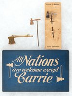 "CARRIE NATION" HATCHET PIN, "CARRY A. NATION" STICKPIN,  "DEATH TO RUM"  SP ON CARD & POSTCARD.