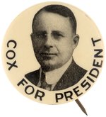 "COX FOR PRESIDENT" SCARCE 1.25" PORTRAIT BUTTON HAKE #2.