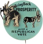 "KICK OUT DEPRESSION" & "BRING BACK PROSPERITY" MECHANICAL BUTTON PAIR.