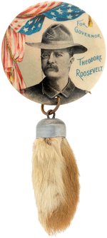 "FOR GOVERNOR THEODORE ROOSEVELT" ROUGH RIDER AND RABBITS FOOT BUTTON HAKE #3184.