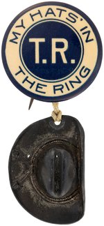 ROOSEVELT "MY HATS' IN THE RING" 1912 BUTTON WITH FIGURAL ROUGH RIDER HAT.