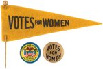 "VOTES FOR WOMEN" SUFFRAGE TRIO INCLUDING LAPEL PENNANT AND PAIR OF BUTTONS.