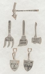 SIX STERLING FIGURAL PINS WITH VICTORY & ANTI-AXIS SLOGANS.