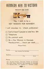 "KENNEDY KEY TO VICTORY" 1960 CAMPAIGN CONTRIBUTOR PIN BACK ON ORIGINAL POST CARD.