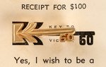 "KENNEDY KEY TO VICTORY" 1960 CAMPAIGN CONTRIBUTOR PIN BACK ON ORIGINAL POST CARD.