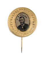 "U.S. GRANT" RARE VERTICAL OVAL FERROTYPE ON EMBOSSED BRASS WITH STICKPIN.