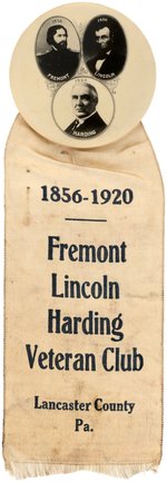 "FREMONT LINCOLN HARDING VETERAN CLUB" 1920 TRI-GATE BUTTON WITH RIBBON.