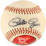 PETE ROSE SIGNED BASEBALL WITH RHEA SCHEAFER ORIGINAL ART PORTRAIT.