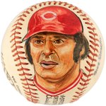 PETE ROSE SIGNED BASEBALL WITH RHEA SCHEAFER ORIGINAL ART PORTRAIT.