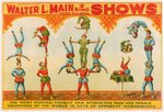 "WALTER L. MAIN 3 RING TRAINED WILD ANIMAL SHOWS" LINEN-MOUNTED ACROBATS CIRCUS POSTER.