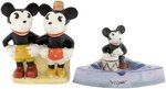 MICKEY & MINNIE BISQUE TOOTHBRUSH HOLDER & MICKEY MOUSE DRUMMER ASHTRAY.