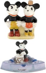 MICKEY & MINNIE BISQUE TOOTHBRUSH HOLDER & MICKEY MOUSE DRUMMER ASHTRAY.