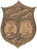 TILDEN & HENDRICKS "CENTENNIAL CANDIDATES" BRASS SHELL JUGATE BADGE.