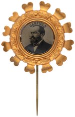 "GARFIELD" ORNATE 1880 FERROTYPE STICKPIN BADGE.