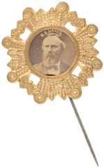 HAYES DIE-CUT BRASS SHELL STICKPIN WITH CARDBOARD PHOTO.