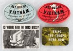 QUARTET OF CLASSIC ANTI-VIETNAM WAR BUTTONS INCLUDING "IS YOUR KID IN THIS BOX?"