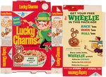GENERAL MILLS "LUCKY CHARMS" CANADIAN FILE COPY CEREAL BOX FLAT WITH "WHEELIE" PREMIUM.