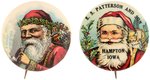 FULL COLOR SANTA  WITH PIPE AND FIRST SEEN IOWA ISSUER BUTTON PAIR.