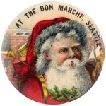 EARLY AND BEAUTIFUL COLOR BON MARCHE, SEATTLE SANTA W/C. 1907 CONCAVE TIN BACK.