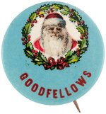 SCARCE C. 1920s BUTTON WITH SANTA ENCLOSED BY WREATH AND FIRST SEEN SPONSOR.