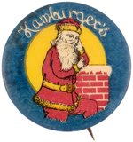 SANTA POSES BY CHIMNEY W/ NIGHT SKY FULL MOON RARE BUTTON BY ST. LOUIS BUTTON CO.  C. 1905.