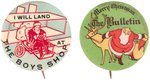 SAN FRANCISCO AND LOS ANGLELES MADE SANTA BUTTONS WITH BI-WING AIRPLANE AND REINDEER.