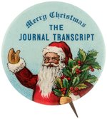 BEAUTIFUL SANTA IN MITTENS WITH HOLLY FIRST SEEN IMPRINT NEWSPAPER SPONSORED BUTTON.