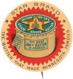 STAR BRAND BUTTER LARGE BUTTON SHOWING JAR W/AWARD FROM 1896 NATIONAL BUTTER EXHIBIT.