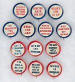 LITHO TIN STYLE 13 ANTI-AXIS SLOGAN BUTTONS FROM SCARCE SET.