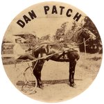 RARE REAL PHOTO BUTTON OF DAN PATCH, SULKY AND DRIVER HARRY HERSEY C. 1904.