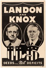 LANDON & KNOX "DEEDS NOT DEFICITS" RARE BLACK & WHITE JUGATE POSTER.