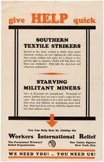 "WORKERS INTERNATIONAL RELIEF" SOUTHERN TEXTILE STRIKERS, STARVING MILITANT MINERS LABOR POSTER.