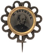 "H. SEYMOUR" 1868 FERROTYPE IN ORNATE BRASS SHELL PIN-BACK. HAKE # 3021.