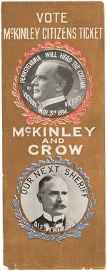 "McKINLEY AND CROW" SCARCE 1896 PHILADELPHIA, PA COATTAIL JUGATE RIBBON.