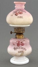 "HARRISON 1892" HAND PAINTED MILK GLASS LAMP.