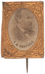 "J. A. GARFIELD" GEM ALBUMEN PORTRAIT BRASS FRAME STICK PIN BADGE.