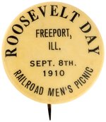 “ROOSEVELT DAY” RARE 1910 DATED BUTTON FOR “RAILROAD MEN’S PICNIC.”